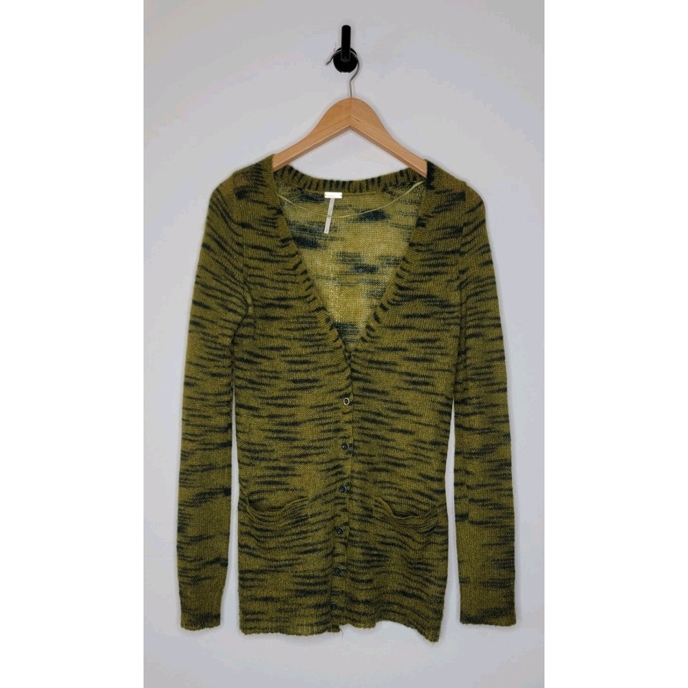 Free People FP Beach Button Front Mohair Cardigan Green Tiger Stripe Size Small